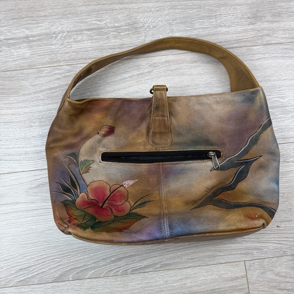 Anuschka Peackcock Bliss Leather Hand-painted Butterfly Floral Shoulder Hobo Bag - Picture 2 of 9